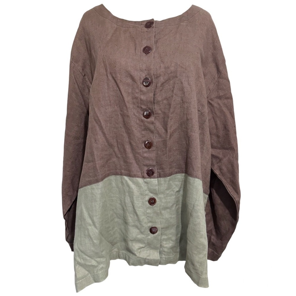 Vintage Kiko 100% Linen Tunic Top Lagenlook Button Shirt Long Sleeve XLARGE EUC